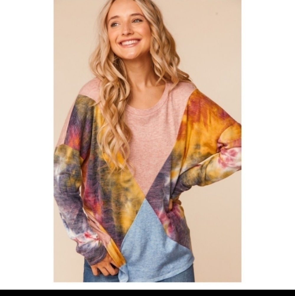 Two Tone Tie Dye Ashley Knit Lightweight Color Block Sweater - Picture 2 of 12